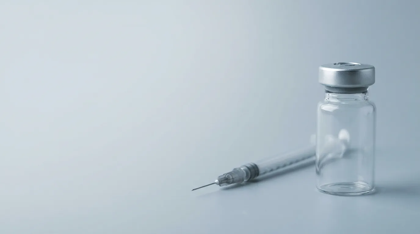 A blank glass pharmaceutical vial with an aluminium crimp seal beside an insulin syringe on a pale grey surface
