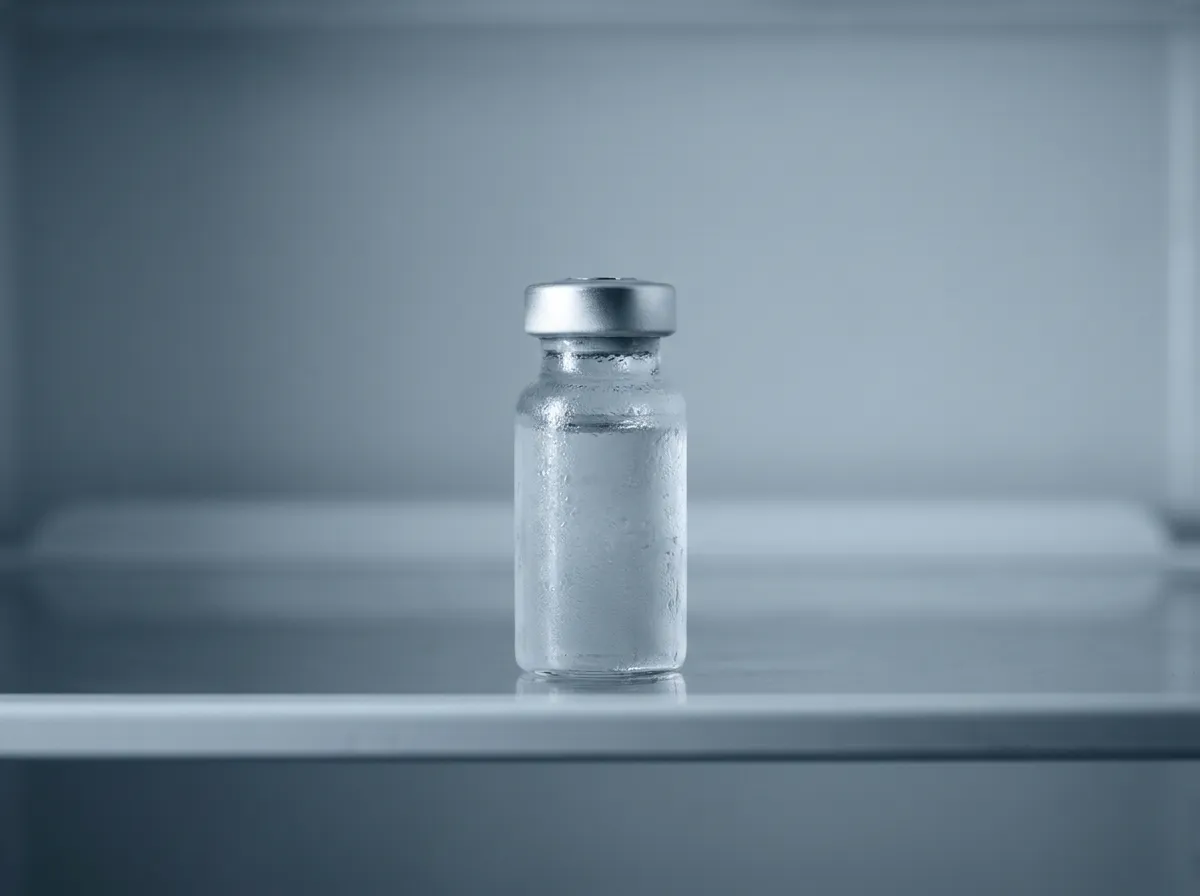 A blank glass vial with condensation on the cold glass, standing on a pale grey shelf